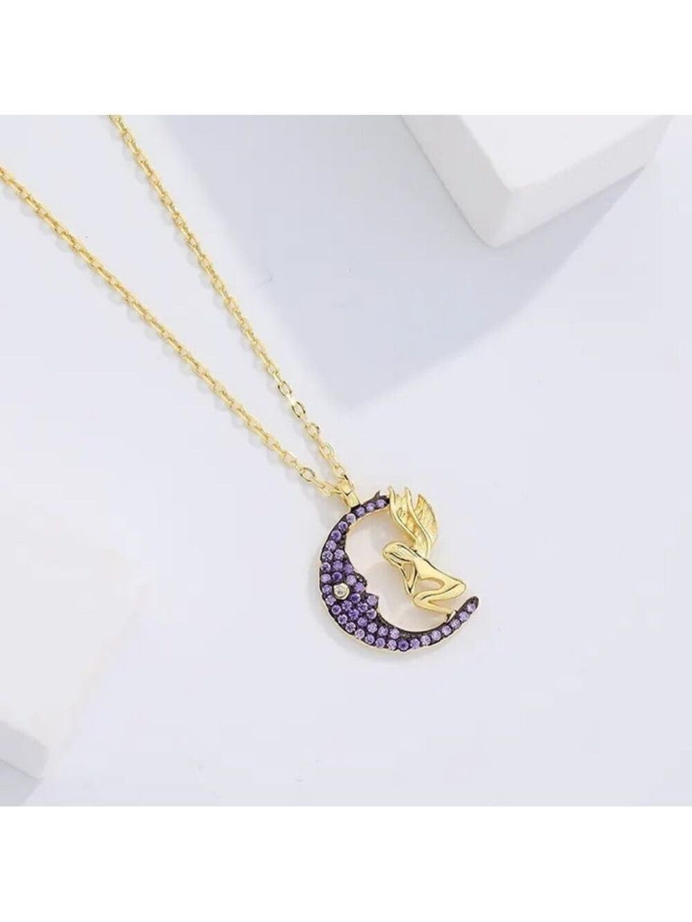925 Sterling Silver Plated with 18k Yellow Gold Angel On Moon CZ Pendant - Picture 5 of 6